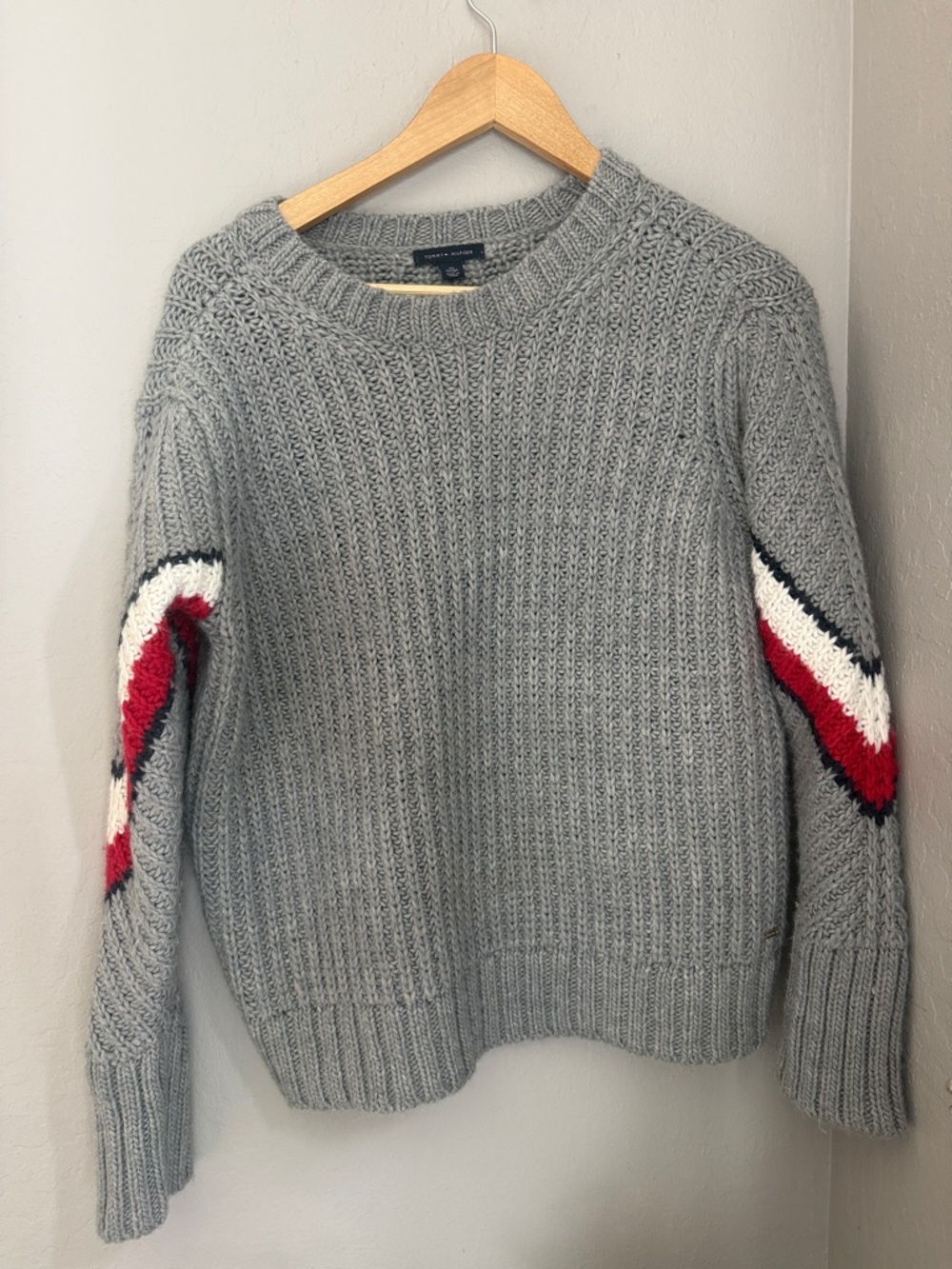 Tommy Hilfiger Grey Crewneck Sweater with Red, White & Navy Chevron Sleeves